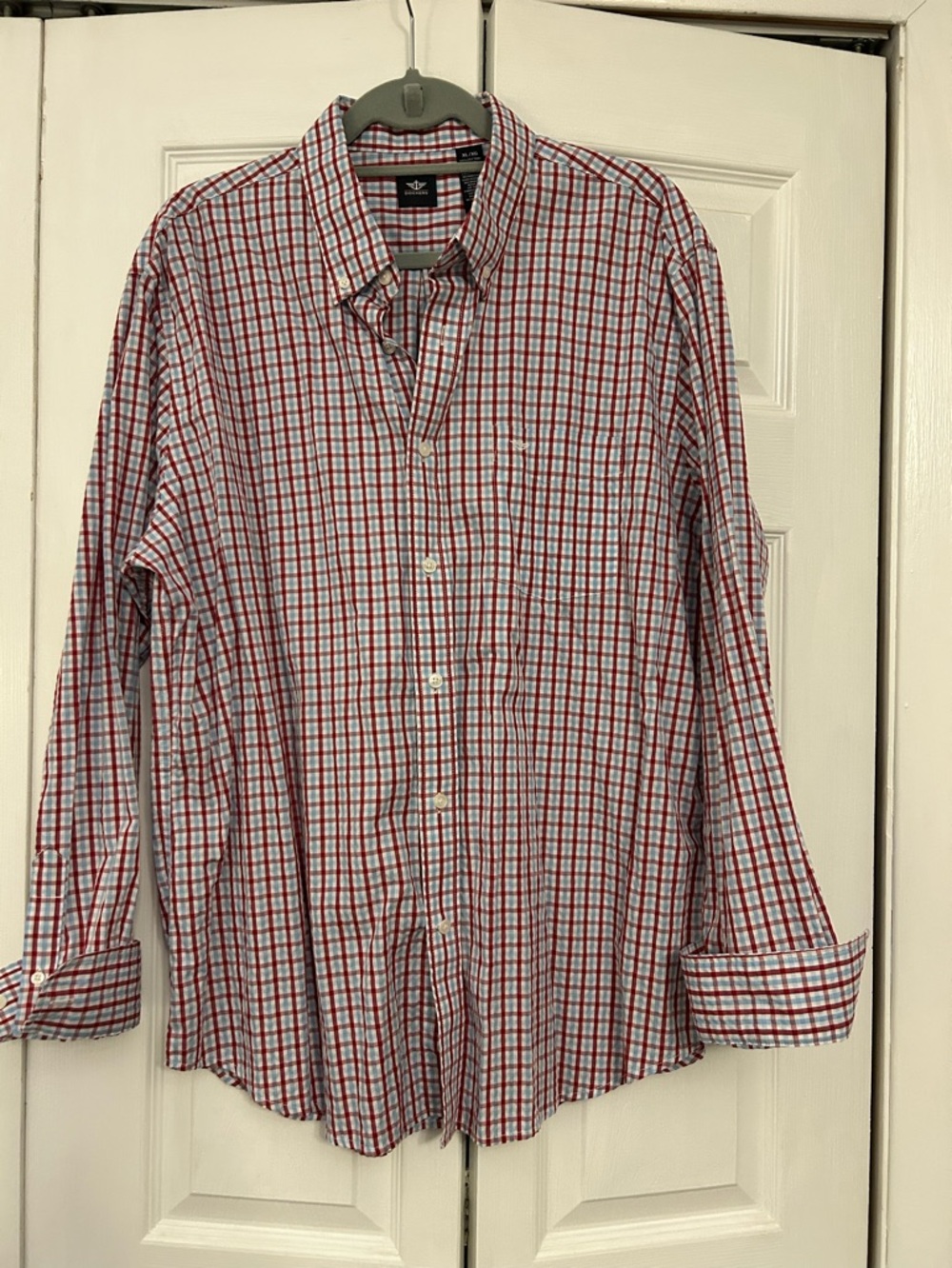 Dockers Men's Red and White Plaid Button-Down Shirt